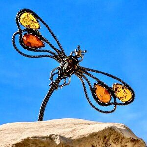 Vintage Dragonfly Brooch Sterling Silver Amber Gemstones